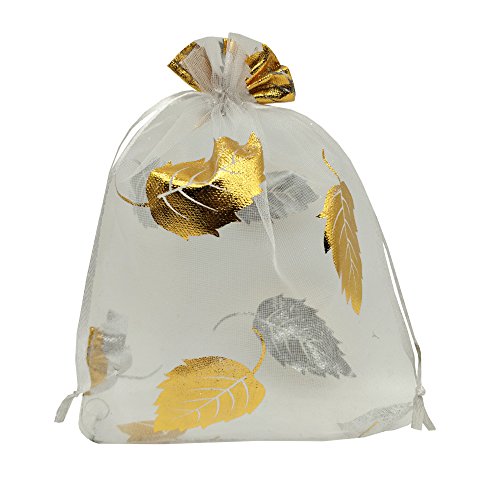 Ankirol 100pcs Sheer Organza Favor Bags 5x7'' For Wedding Bags Samples Display Drawstring Pouches (white-gold leaf)