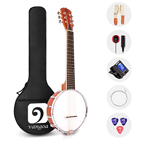 Vangoa 6 String Banjo Guitar Mini, 26 Inch Sapele Travel Banjo Guitar for Beginners with Bag