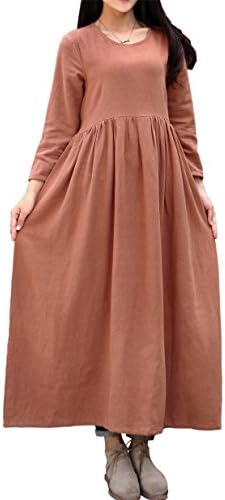 LifeShow Women's Casual Long Sleeves Tunic Maxi Cotton Linen Dresses With Pockets