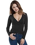 ANGVNS Womens' T Shirts Long Sleeve Deep V-Neck Slim Fit Soft Wrap Top