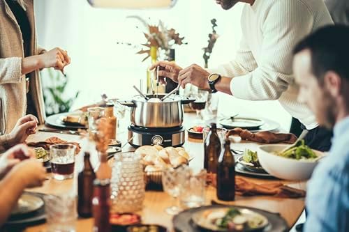 Fondue-Crêpes-Kombination, spülmaschinengeeignetes Fondueset mit 8 farblich markierten Gabeln, Fondue-Crêpes Maker-Kombi aus Edelstahl, schwarz, FO 2471
