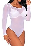 Pink Queen Women's Tight Sheer Low Cut Mesh Bodysuit Short Jumpsuits White S