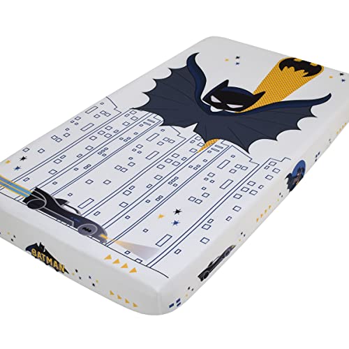 NoJo Warner Brothers Batman White and Black Batmobile, Gotham City, and Bat Signal Photo Op Nursery Fitted Crib Sheet