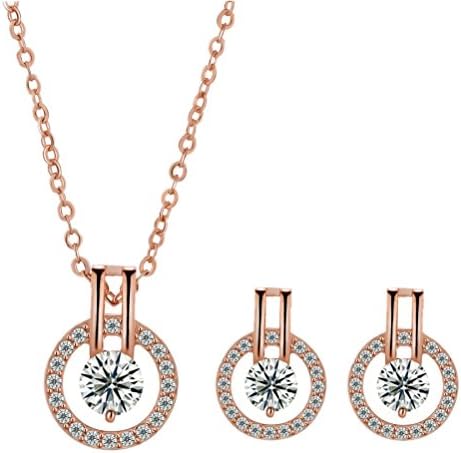 SUNKOOL Women Girls Sterling Gold Plated Rhinestones Rould Cubic Zirconia Studs Earrings Necklace Set for Party Daily Wearing Christmas Gift (Rose Gold)
