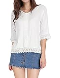Allegra K Women's Crochet Trim 3/4 Sleeves V Neckline Loose Top