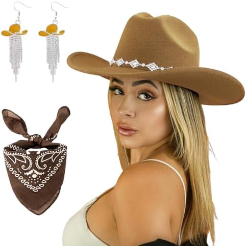 Cowboy Hat with Fringed Bandana Set for Women Wide Brim Western