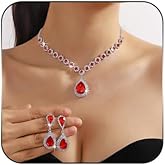 Rhinestone Waterdrop Bridal Necklace Earring Set for Women Silver Crystal Wedding Choker Necklace Geometry Teardrop Dangle Drop Earrings Wedding Party Prom Jewelry Set for Bridal Bridesmaid (Red)