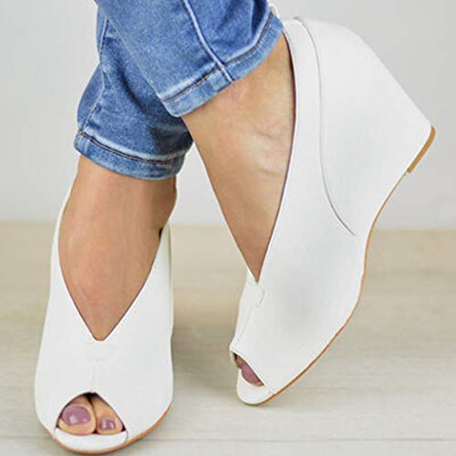 Shusuen Women's High Heel Peep Toe Wedges Sandals White