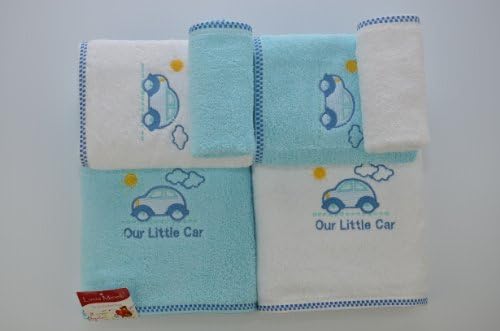 Dadya Home Textile Kids Collection Our Little Car, 100 Percent Turkish Cotton 6 Pcs Towel Set, Aqua and White