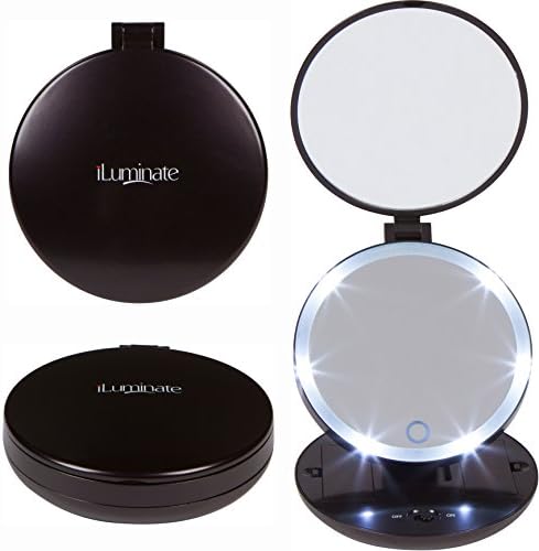 iLuminate Folding Travel Makeup Mirror - 1X and 5X Magnifying Makeup Mirror with Dimmable Lights, Battery Operated Handheld Cosmetic Mirror with Protective Pouch, Batteries Included, Metallic Black