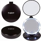 iLuminate Folding Travel Makeup Mirror - 1X and 5X Magnifying Makeup Mirror with Dimmable Lights, Battery Operated Handheld Cosmetic Mirror with Protective Pouch, Batteries Included, Metallic Black