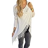 JLTPH Women's Tassel Hem Crew Neck Knited Fringe Poncho Capes Shawl Scarf Blanket Wrap Sweater Coat