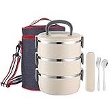 YBOBK HOME Insulated Lunch Box Leak Proof Lunch Container All-in-one Stackable Lunch Box Stainless Steel Bento Lunch Box with Bag and Portable Flatware Set for Adults (Beige)