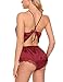 ADOME Women Lingerie Bodysuit V Neck Teddy Lace Babydoll Satin Pajamas Nightwear (M, Wine Red)