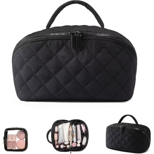 TFSUCCE Travel Makeup Bag, Petition makeup bag 180 Degree Lay-Flat Water-Resistant Cosmetic Case, Puffy Padded Organizer for Toiletries & Brushes Large Capacity with Compartments Gift (Black) at Amazon