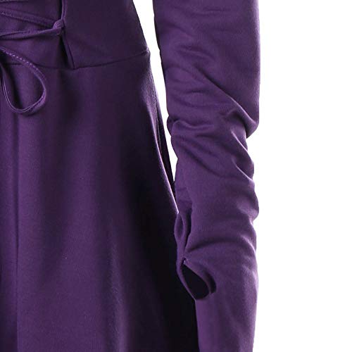 JOFOW Women Hooded Dresses Carnival Costumes Cross Strappy Long Sleeve Tunic Slim Witch Midi Pullover Festival Halloween (2XL =US:16-20,Purple)
