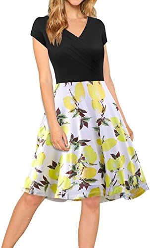 Mulysaa Womens Vintage V Neck Cap Sleeve Floral Print Patchwork Casual Swing Dress with Pockets