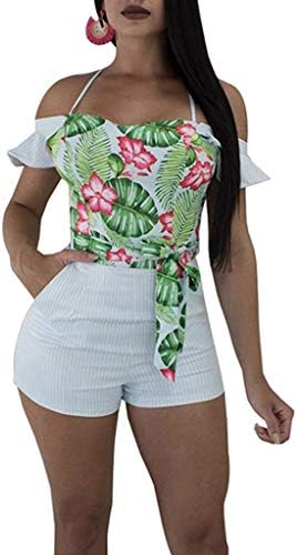 Women's Off Shoulder Floral Rompers Shorts Bodycon Jumpsuits with Belt Clubwear
