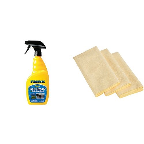 Rain-X 5071268 2-in-1 Glass Cleaner and Rain Repellant - 23 fl oz. with 3 AmazonBasics Thick Microfiber Cleaning Cloths