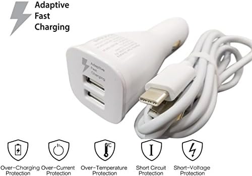 FAST Dual Port Rapid Car Charger + Type C Data Cable for Samsung Galaxy S8 S8+ Note 8 Google Pixel XL 2 LG v20 G5 G6 V20 Motorola Droid Z Turbo Z2 Play Force - Durable Dependable, White