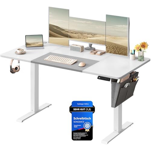 SONGMICS Höhenverstellbarer Schreibtisch elektrisch, 140 x 60 cm, stufenlos verstellbar, Memory-Funktion mit 4 Höhen, wolkenweiß-Taubengrau LSD016W02