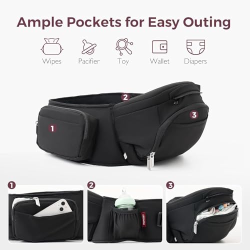 Momcozy Baby Carrier with Hip Seat, 2-in-1 Forward-Facing Hands-Free Infant Carrier for Active Babies, Detachable All-Season Toddler Carrier up to 44lbs, Fits Waist Sizes up to 45 Inches, Black Adjustable,Black