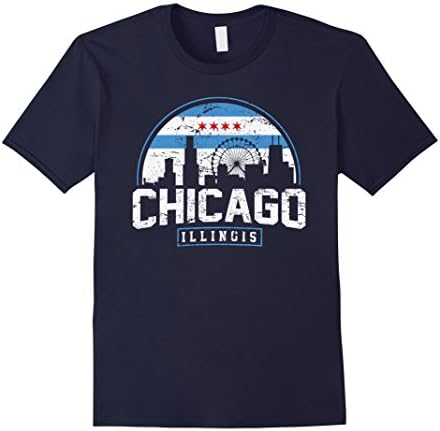 Men's Chicago Skyline Shirt Silhouette IL City Flag T-Shirt Large Navy