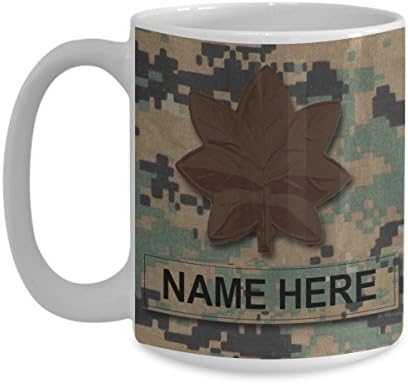 US Marine Corps Coffee Mug - Personalized Name &amp; Rank, Customized Gift for USMC (15 oz - Rank - O-4, Major, Maj, White - Rank - O-4, Major, Maj)