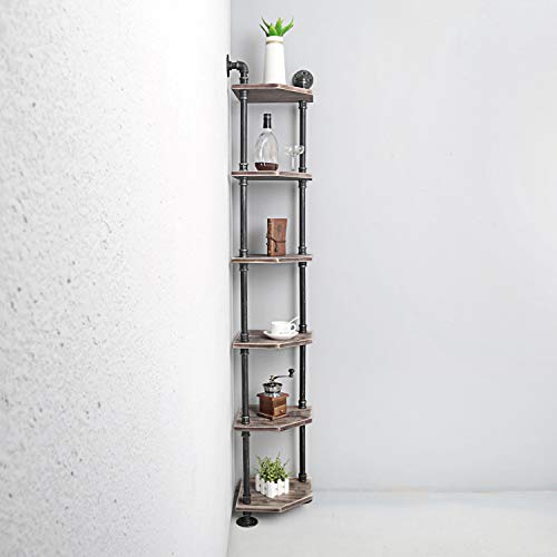 Weven 6-Tier Industrial Pipe Corner Shelves Modern/Rustic Book Shelves with Real Wood,Corner Bookshelf Display Stand,Metal Standing Home Decor Shelf Units - Thumbnail 4