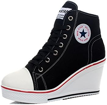 Leeminus Canvas High-Heeled Fashion Sneaker Pump Shoes Black 8D(M) US