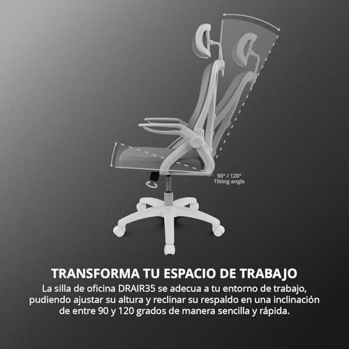 DRAIR35 – Cadeira ergonómica de escritório e secretária em casa com malha elástica respirável, reclinável a 90-120°, apoio de cabeça e braços dobráveis, suporta até 120 kg, cinzento-branco