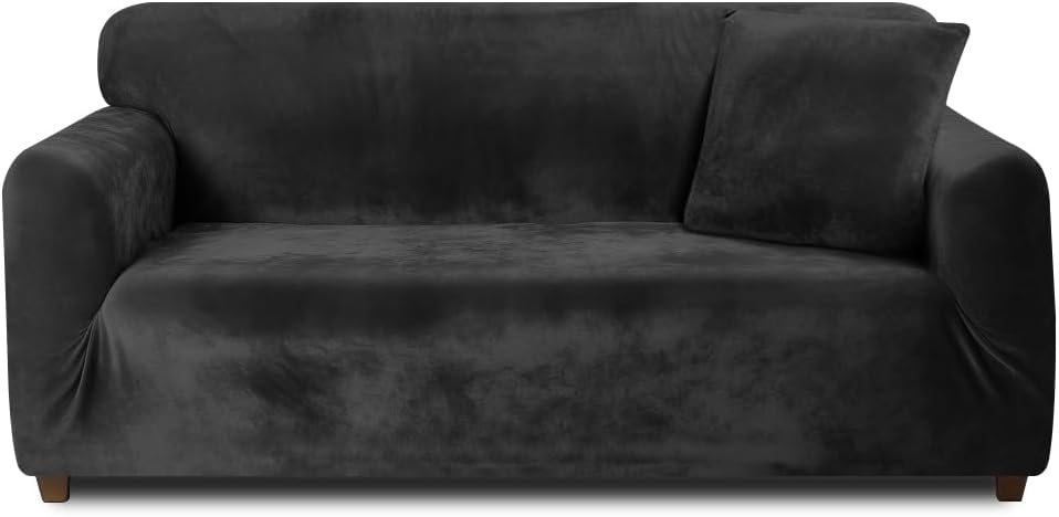 Teynewer Thick Velvet Sofa Cover 1 Seater Black High Stretch Non-Slip