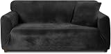 Teynewer Thick Velvet Sofa Cover 1 Seater Black High Stretch Non-Slip