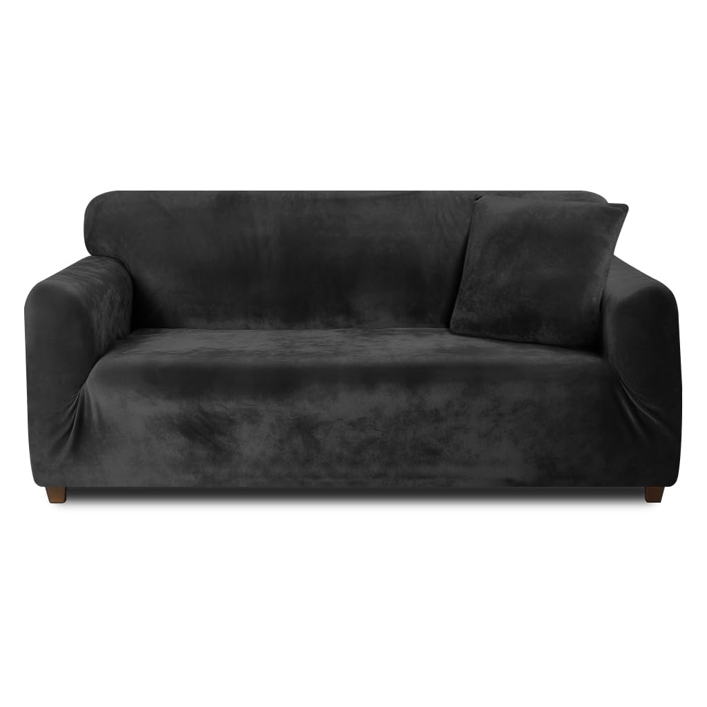 Teynewer Thick Velvet Sofa Covers 1 2 3 4 Seater High Stretch Non-Slip Couch Cover Elastic Furniture Protector Plush Sofa Slipcovers with 1 pillowcase for Living Room Dogs Cats Pet (4 Seater, Black)