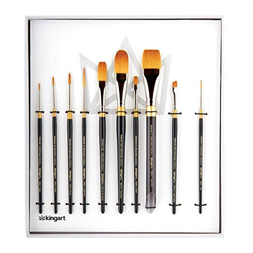 KingArt PREMIUM Orginal Gold Series, Golden Taklon Multiple Shapes and Sizes Paint Brush Set, Set of 10