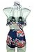 COCOSHIP Red Pink & Navy Blue Antigua Floral Retro Boho Flounce Falbala High Waist Bikini Set Chic Swimsuit Bathing Suit XXL(FBA)