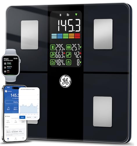 GE Intelligente digitale Personenwaage mit präziser Messung, benutzerfreundliche App für die ganze Familie, geräumige Komfort-Plattform und LED-Displa