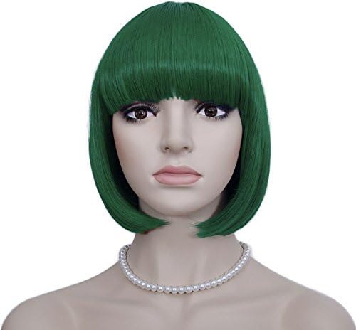 Diforbeauty 10" Short Straight Neat Bangs Bob Heat Friendly Cosplay Party Cocktail Wigs (T2615 Dark Green)