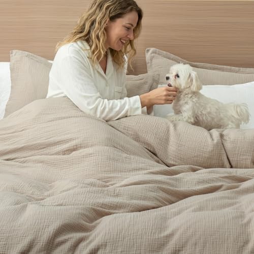 David's Home 100% Cotton Muslin Duvet Cover Set King Size,3 Pcs Soft Breathable & Lightweight Gauze Bedding Set with 2 Pillowcases,Textured Home Decor with Button, 104"×90" Natural/Oat Milk,No Insert