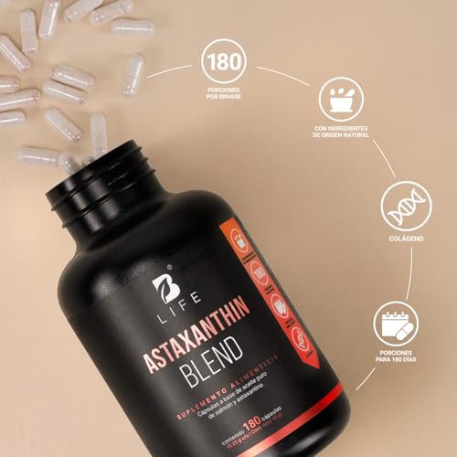 B Life Astaxantina | 180 Cápsulas | 250 mg por porción | Adicionado con Aceite Puro de Salmón Omega 3 | Ingredientes naturales | Astaxanthin Blend.