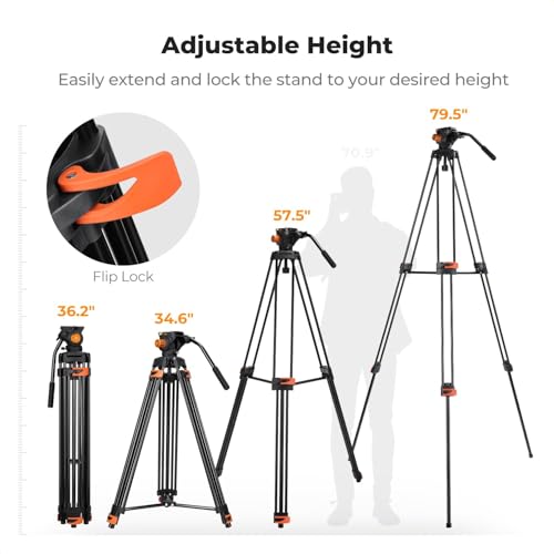K&F CONCEPT 80"/202cm Video Tripod with Fluid Head, Aluminium Alloy Heavy Duty Camera Tripod with QR Plate, Compatible with Canon/Nikon/Sony Camera, Camcorder, Load Capacity 8kg