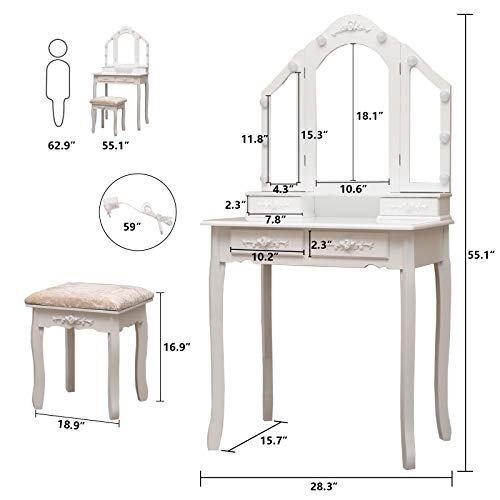 Maupvit-Vanity-Table-Set-with-Lighted-Mirror-and-Cushioned-Bench-Makeup-Dressing-Table-with-10-Light-BulbsTri-Folding-Mirror-and-4-Drawers-for-Women-and-Girls-Modern-Make-up-Dresser-Table-White