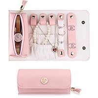 JIDUO Travel Jewelry Organizer Roll Foldable Faux Leather Small Jewelry Case Jewelry Storage Bag for Necklaces Earrings Bracelets Rings Brooches and More Easy to Carry (Pink)