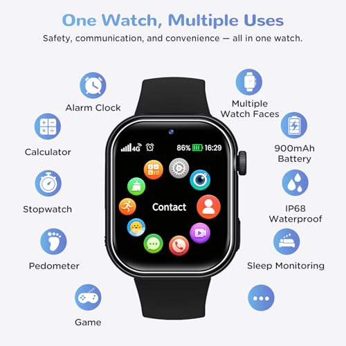 4G Children's Smartwatch IP68 Smartwatch with GPS, Calls, Video Calls, Voice Chat, Dual Camera, SOS, School Mode, Torch, Alarm, Smart Watch for Boys and Girls Black