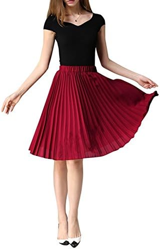 YUNSHANG Women's Elastic Waist Pleated Skirt Knee Length A line Midi Skirt