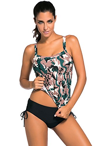 Women's Camouflage Print 2pcs Tankini Swimsuit Triangular Briefs ((US 14-16)XL, Dark Camouflage)