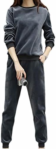 HTOOHTOOH Women's Velvet 2 Piece Crewneck Outerwear Pant Outfit Tracksuit 1 S