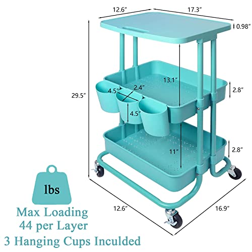 3 Tier Utility Rolling Cart with Cover Board, Rolling Storage Cart with