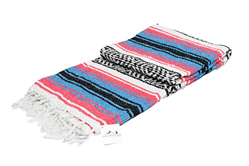 Open Road Goods Teal and Coral Mexican Blanket - Authentic Mexican Falsa Serape - Great Yoga Blanket, Beach Blanket, Picnic Blanket, or Mexican Style Home Throw! Handwoven
