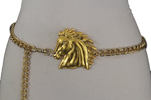 TFJ Women Fashion Belt Hip High Waist Metal Chains Rodeo Horse Buckle XS S M Gold